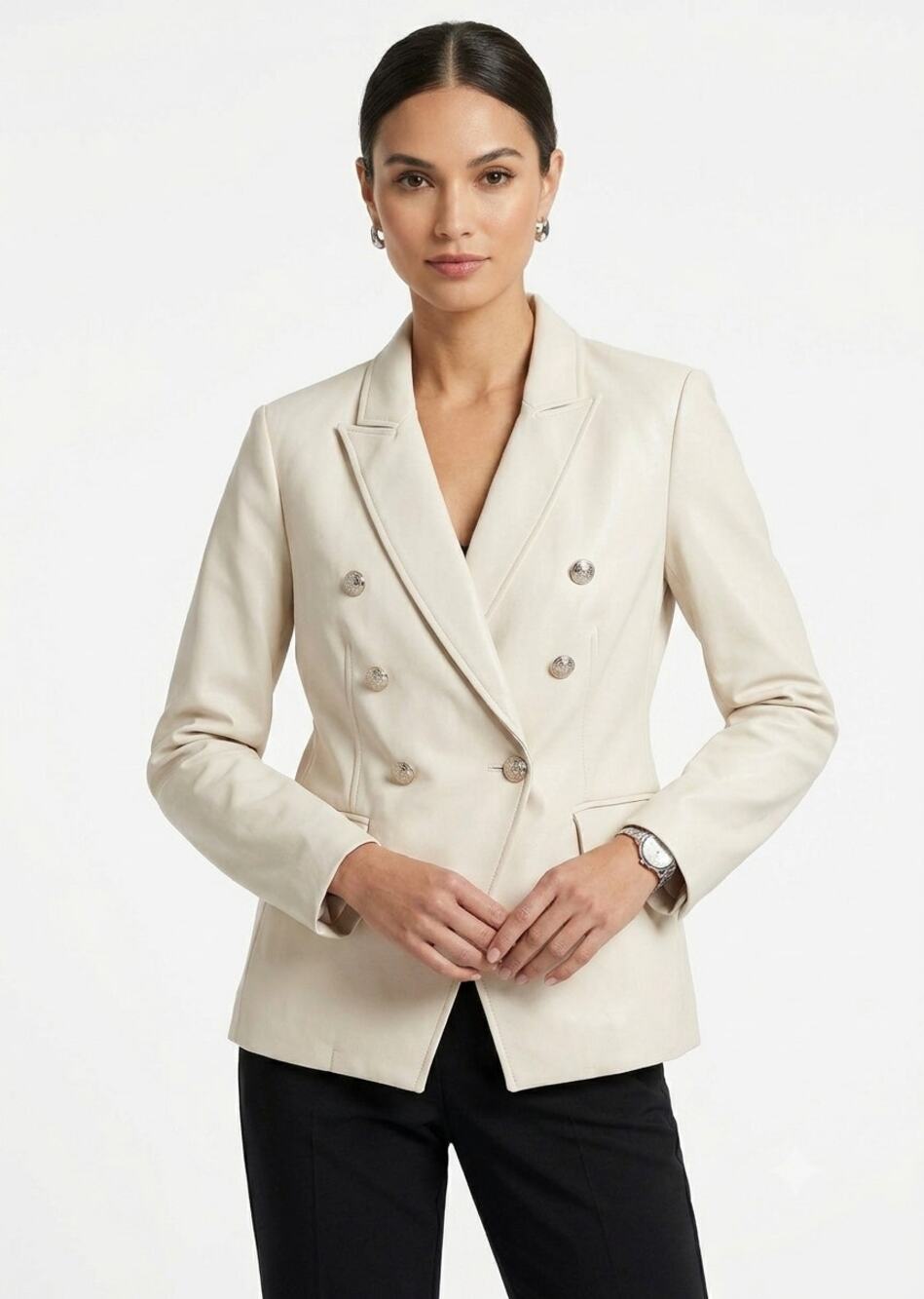 Tahari Faux Leather Double Breasted Blazer Stone Color Size 10 New With Tags NWT